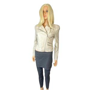 Forever 21 Ivory Cropped Faux Leather Moto Asymmetrical Collar Coat Small